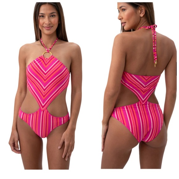 NWT Trina Turk Marai Ring Halter Neck Cutout One Piece Swimsuit Pink size 10 - Picture 1 of 12